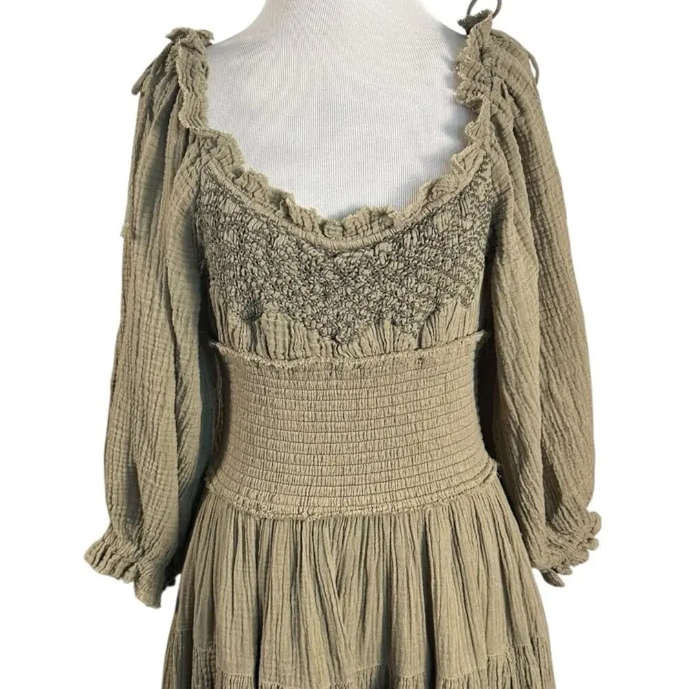Free People Large Bohemian Witchy Gypsy Midi Maxi Gauze Dress Olive Renaissance